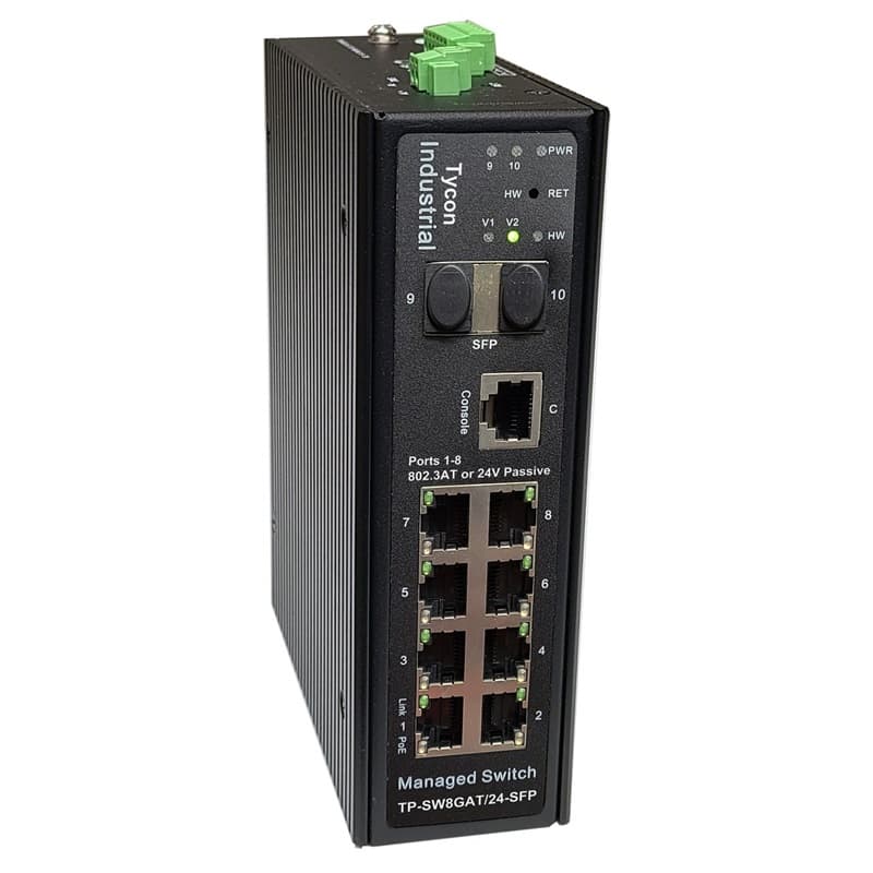 Tycon Systems Tycon Power Managed 8 Port Industrial PoE Switch, 2 x 1Gb SFP, Ports 1-8 24/48V Passive or 802.3at PoE, 30W TP-SW8GAT24-SFP
