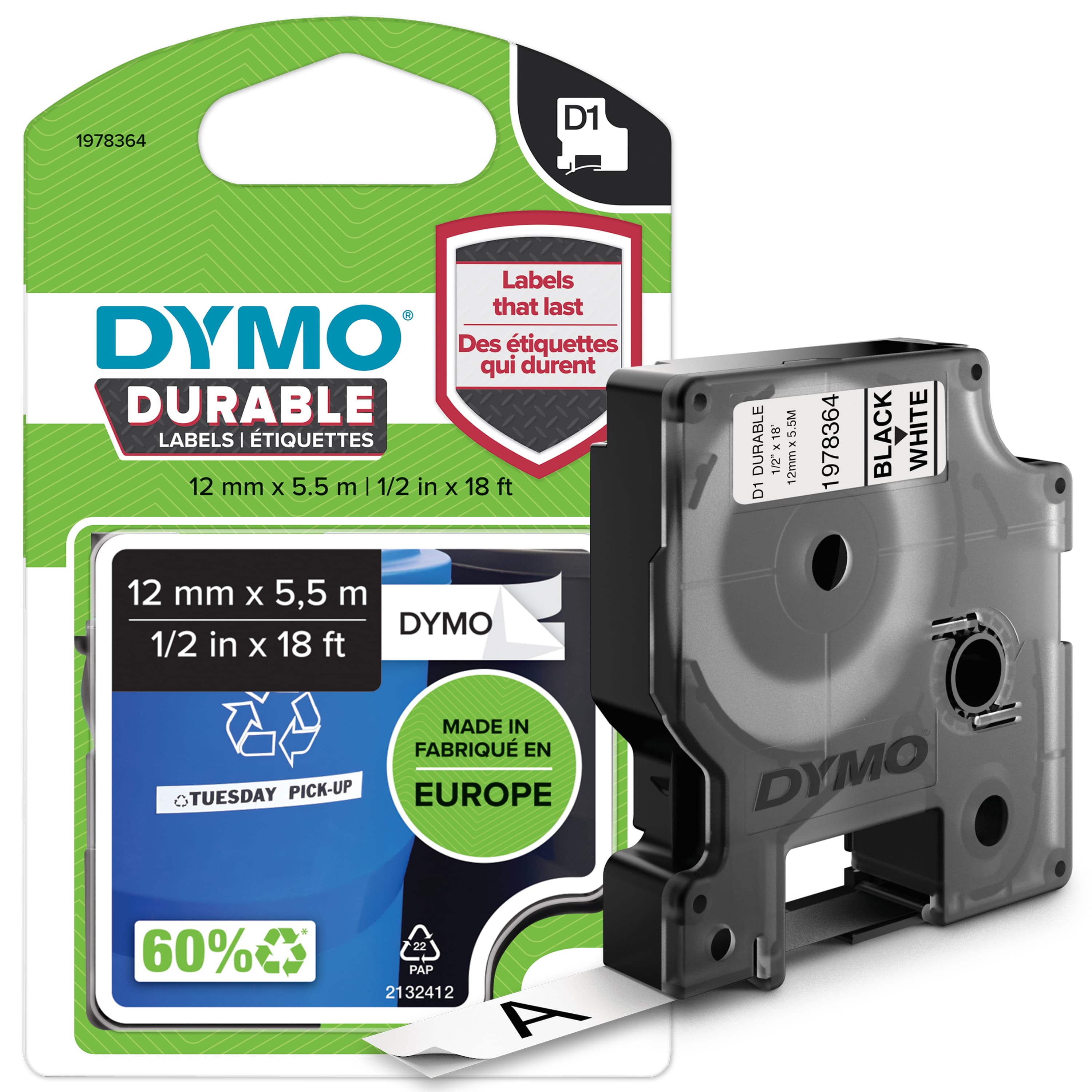 DYMO DYMO Genuine D1 Extra-Strength Durable Labels. 12mm x5.5m Blk on White. Stronger than Std D1 (1978364) 1978364