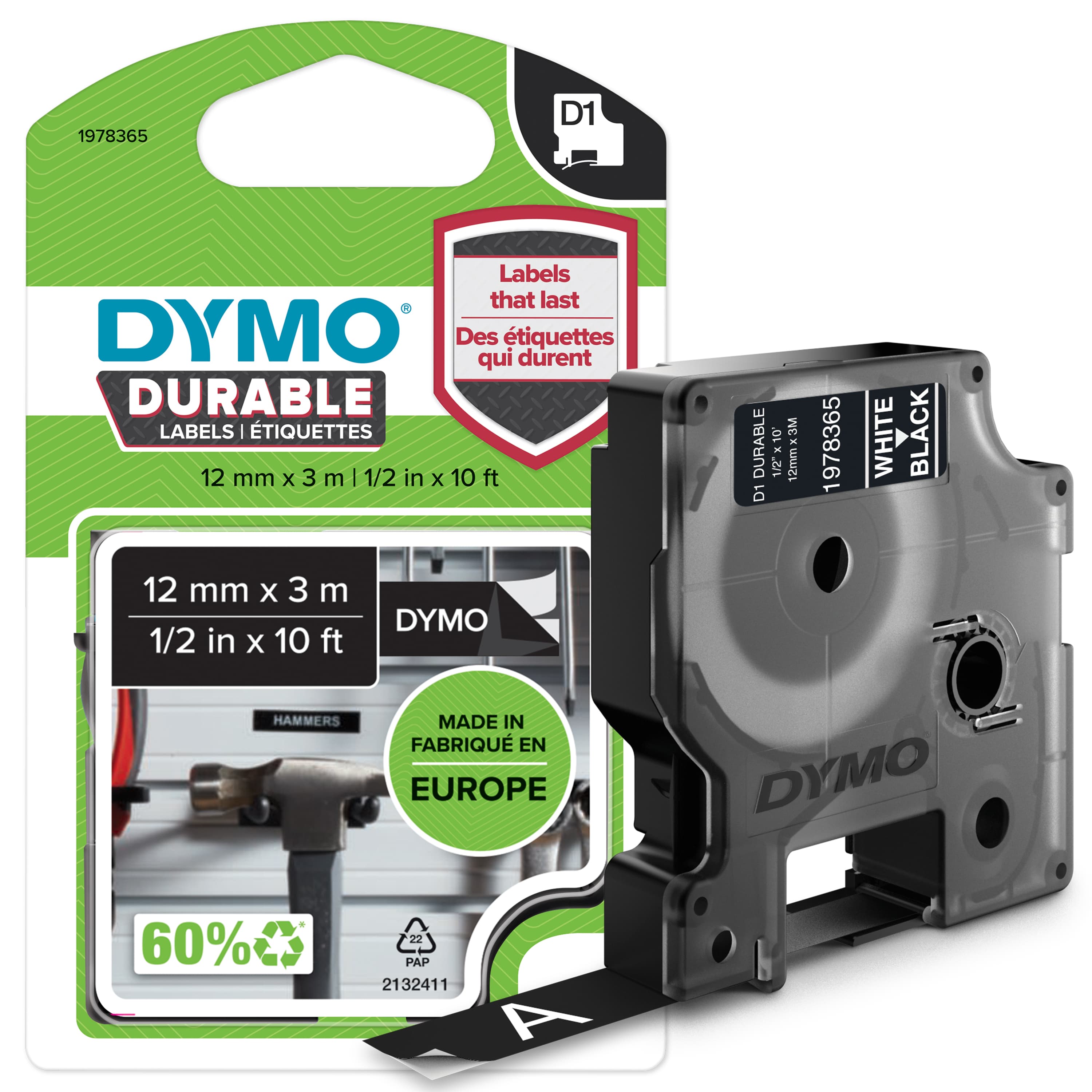 DYMO DYMO Genuine D1 Extra-Strength Durable Labels. 12mm x 3m Wht on Black. Stronger than Std D1 (1978365) 1978365