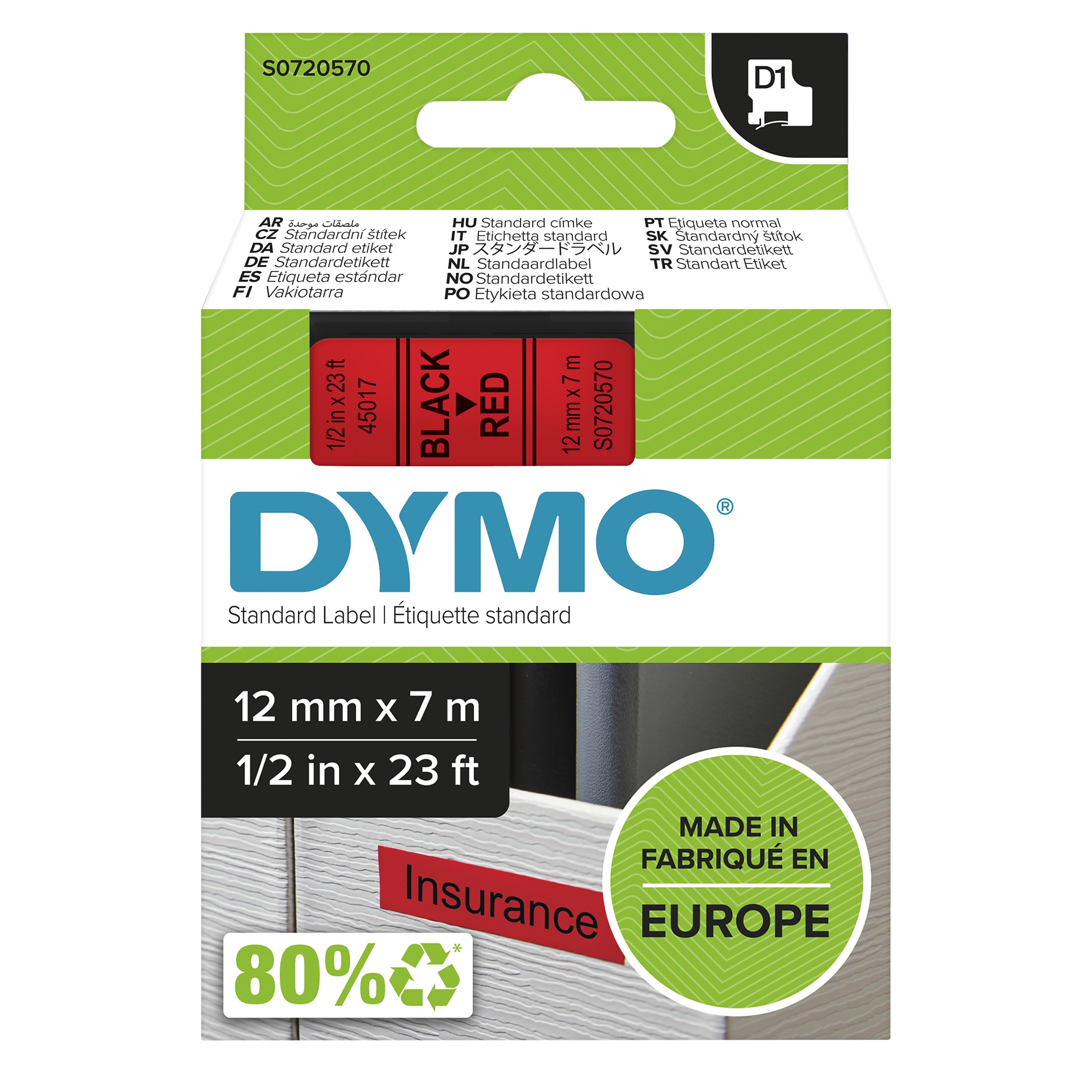 DYMO DYMO Genuine D1 Label Cassette Tape 12mm x 7M Black on Red Suitable for the Label Manage (S0720570) S0720570