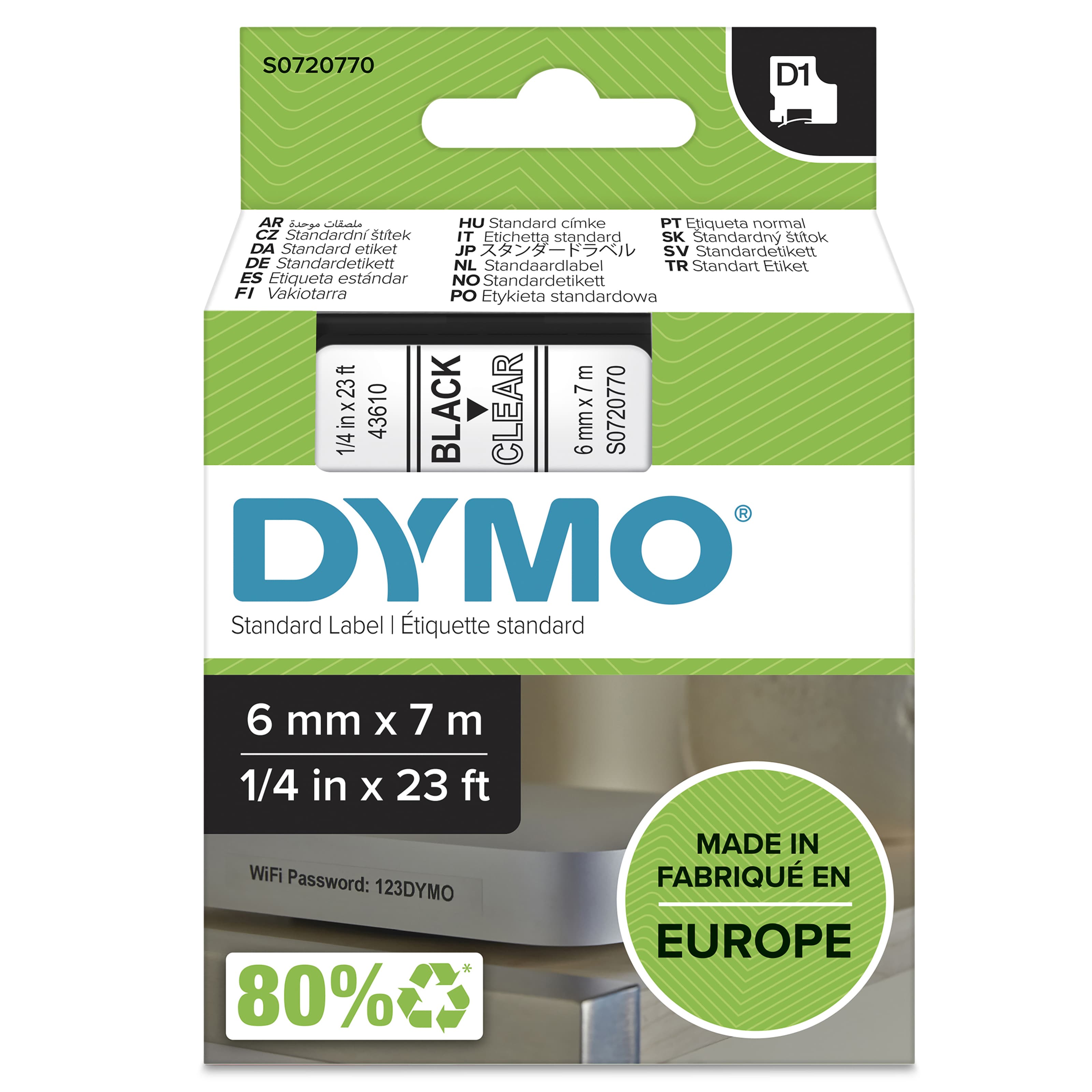 DYMO DYMO Genuine D1 Label Cassette Tape 6mm x 7M Black on Clear Suitable for the Label Manager (S0720770) S0720770