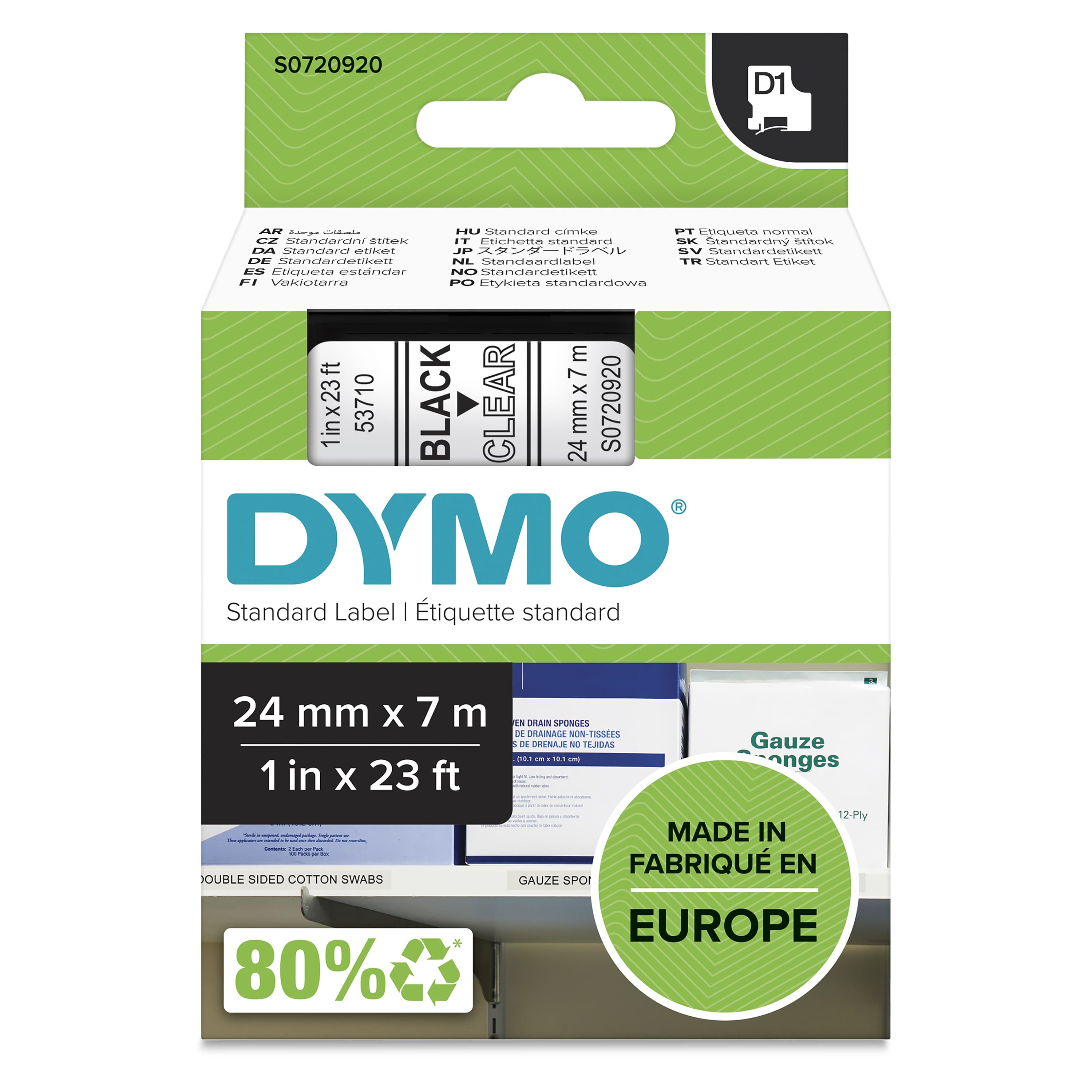 DYMO DYMO Genuine D1 Label Cassette Tape 24mm x 7M Black on Clear Suitable for the Label Manager (S0720920) S0720920